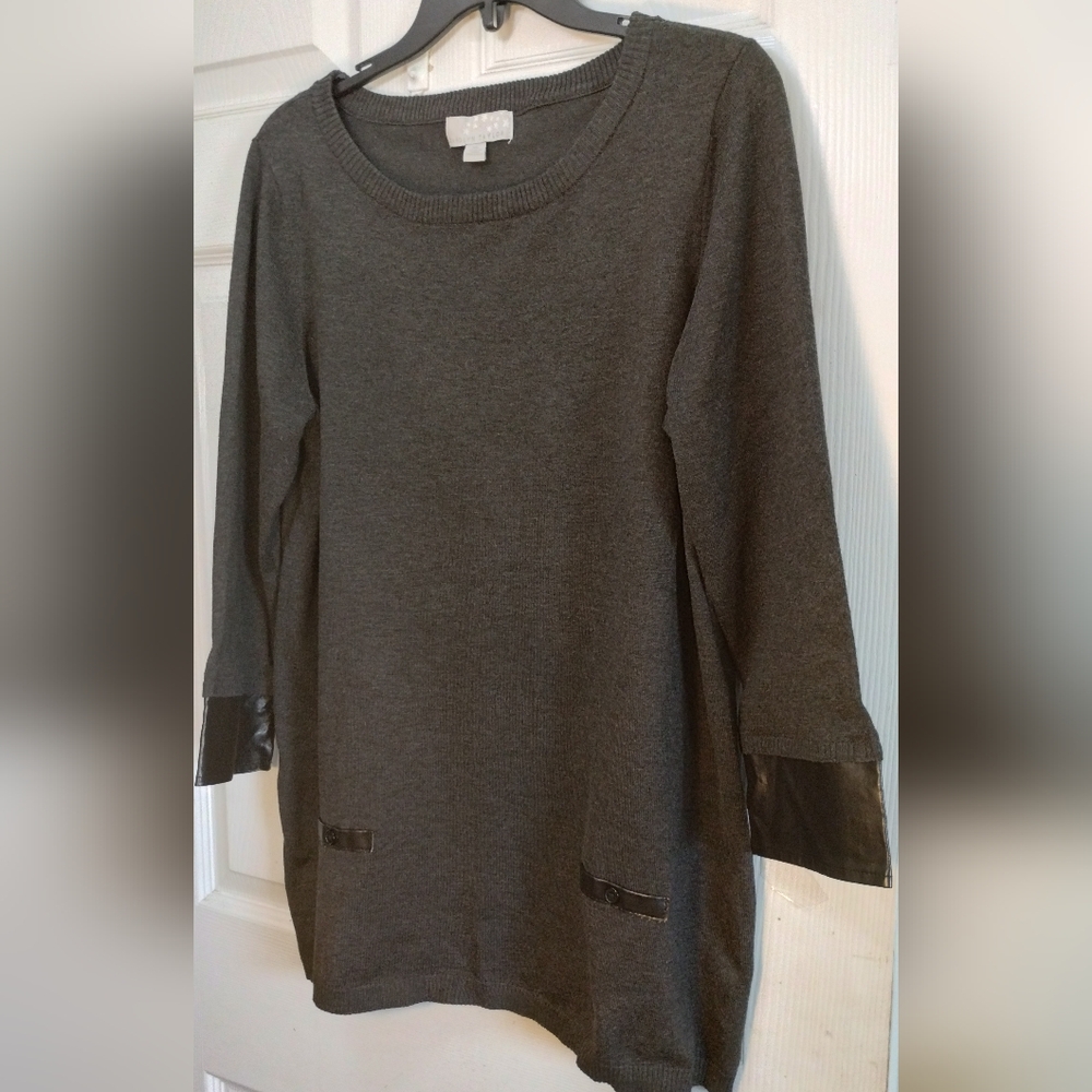 Lighter Weight Gray Sweater With Faux Leather Sleeve Hems